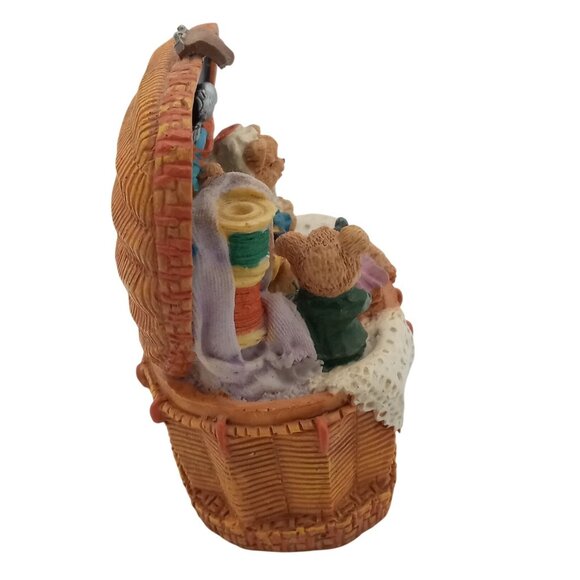 Teddy Bear Family in Sewing Basket Scene Knick Knack Vintage 3.25 Crafting Gift - Picture 8 of 16